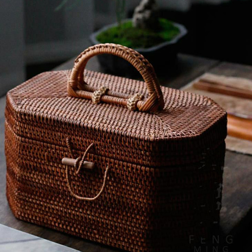 藤編 民芸職人手作り 収納ケース 茶道具 ピクニック 小物入れ籠< 藤編 民芸職人手作り 収納ケース 茶道具 ピクニック 小物入れ籠<