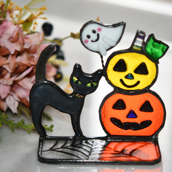 ハロウィンに　ステンドグラス　モビール(コウモリ、おばけ、黒猫) ハロウィンに ステンドグラス モビール(黒猫、魔女、おばけ