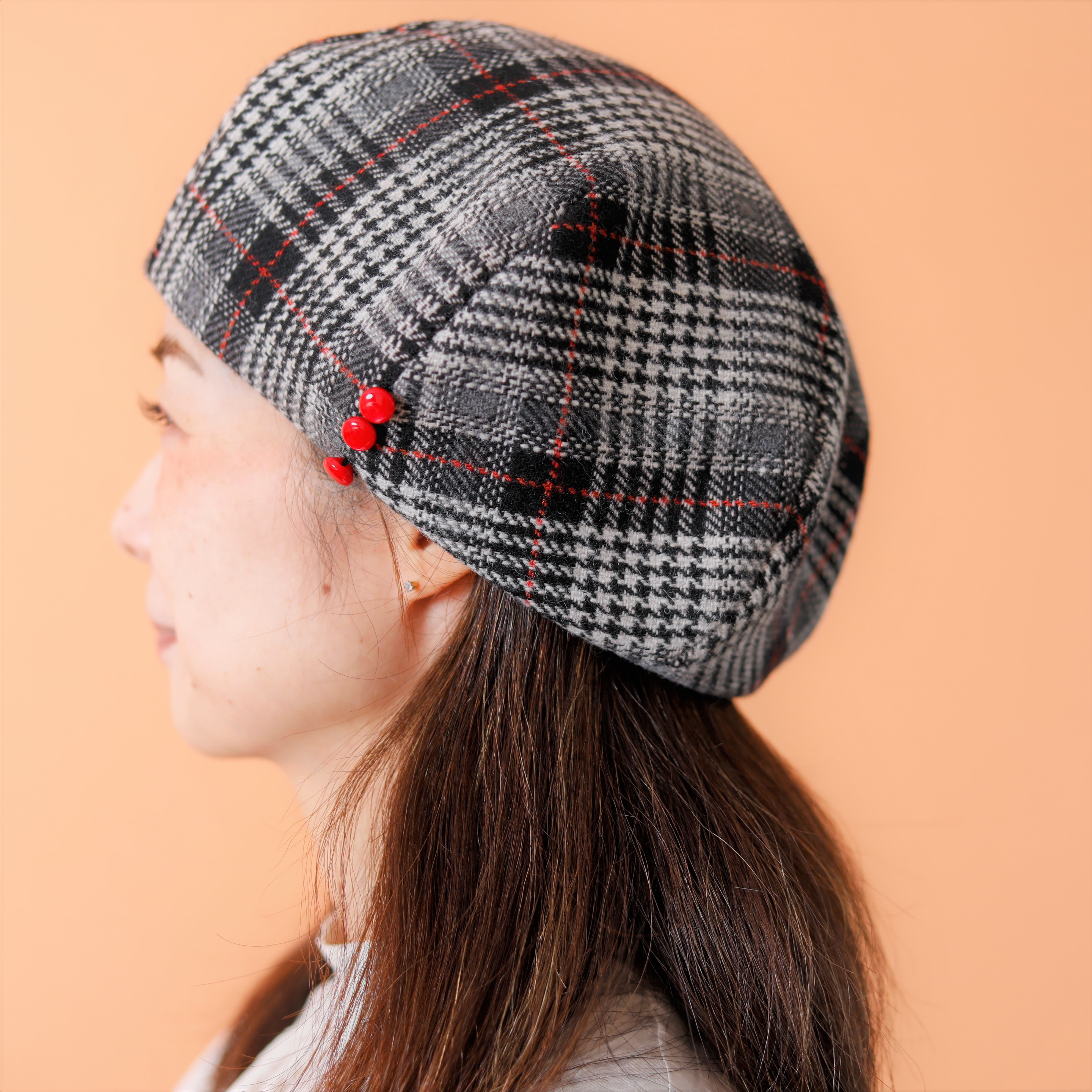 【受注制作】フラワーベレー グレー チェック ベレー帽 帽子 秋冬 冬 おしゃれ 大きい 小さい レディース