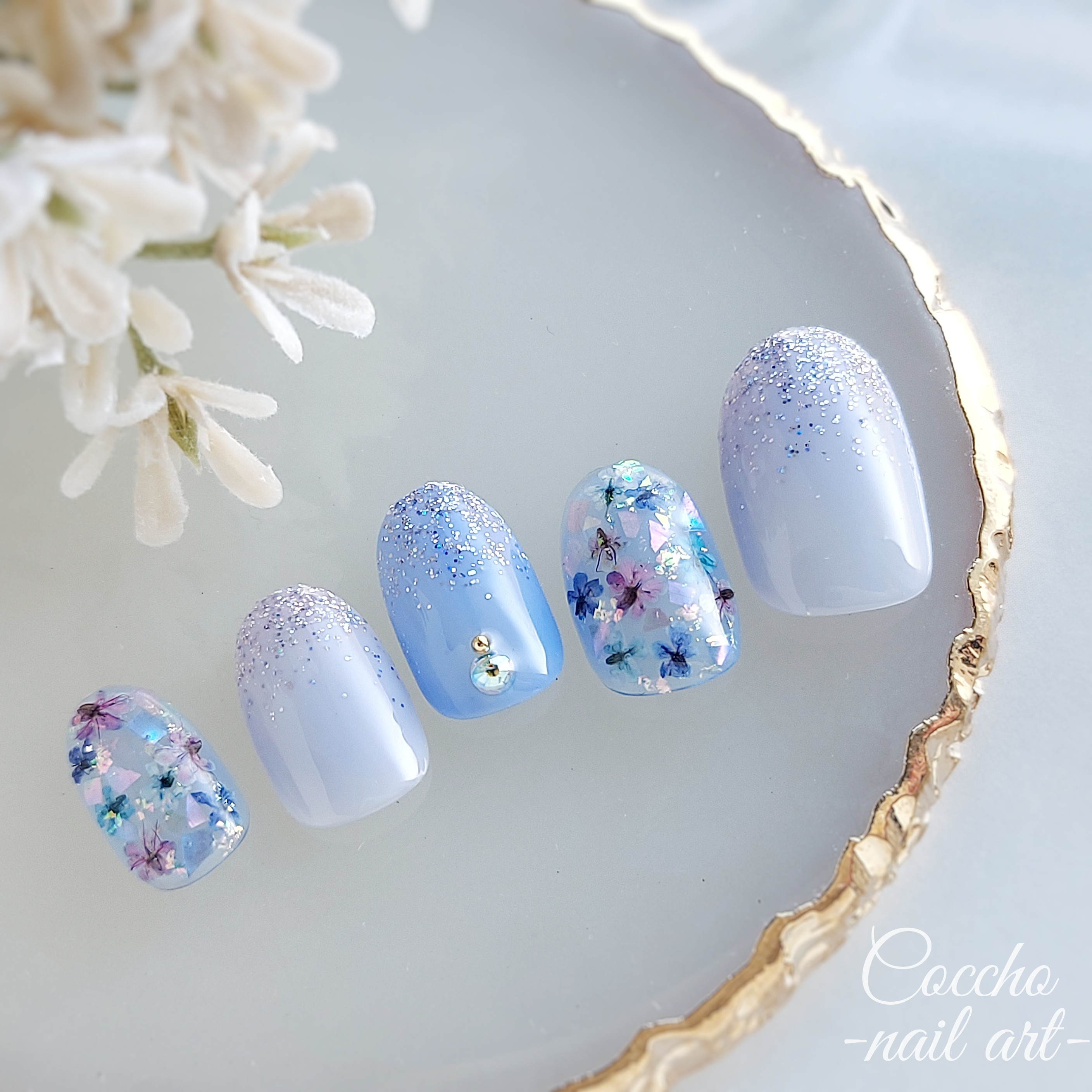 No.245 うるうるブルーの押し花ネイル/ネイルチップジェルネイル