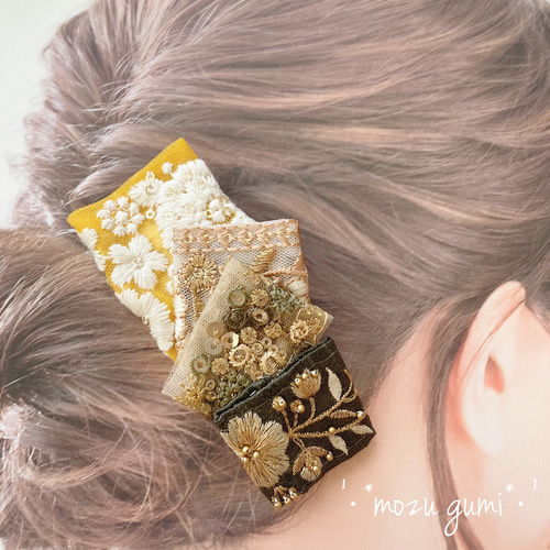 インド刺繍リボンのバレッタ（モスグリーン×イエロー） バレッタ