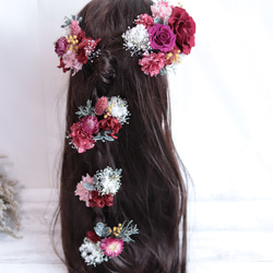 “ボルドー&クラシカルピンク”バラとミモザのナチュラルヘッドドレス＊プリザーブドフラワー 3枚目の画像