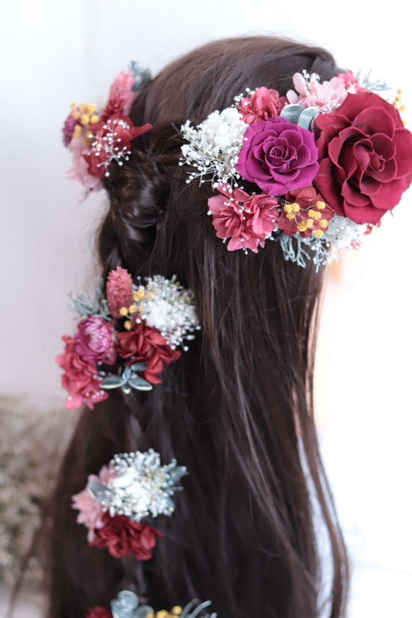 “ボルドー&クラシカルピンク”バラとミモザのナチュラルヘッドドレス＊プリザーブドフラワー 4枚目の画像
