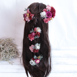 “ボルドー&クラシカルピンク”バラとミモザのナチュラルヘッドドレス＊プリザーブドフラワー 1枚目の画像