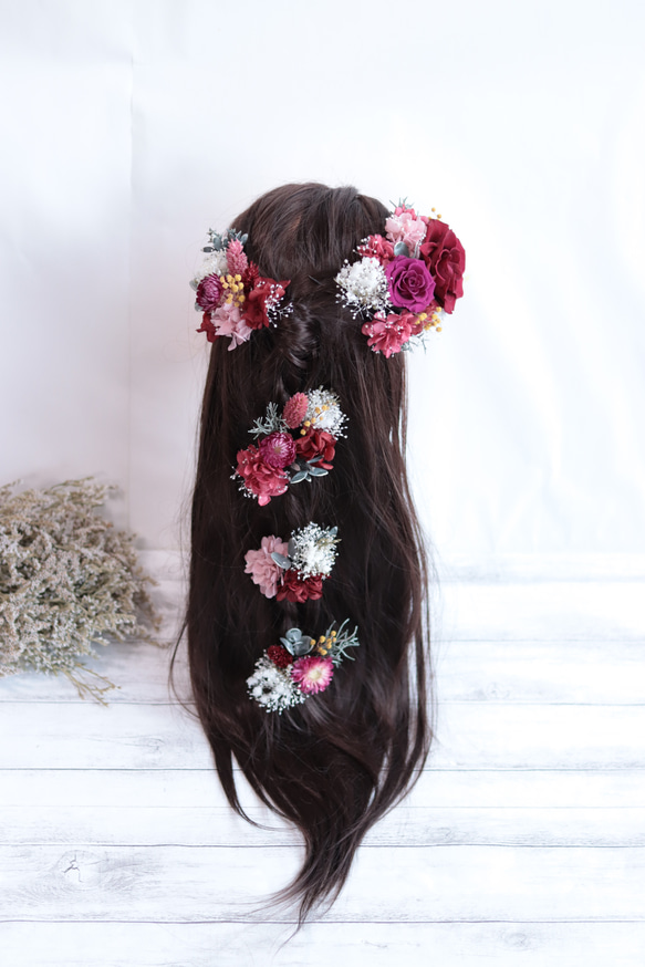 “ボルドー&クラシカルピンク”バラとミモザのナチュラルヘッドドレス＊プリザーブドフラワー 1枚目の画像