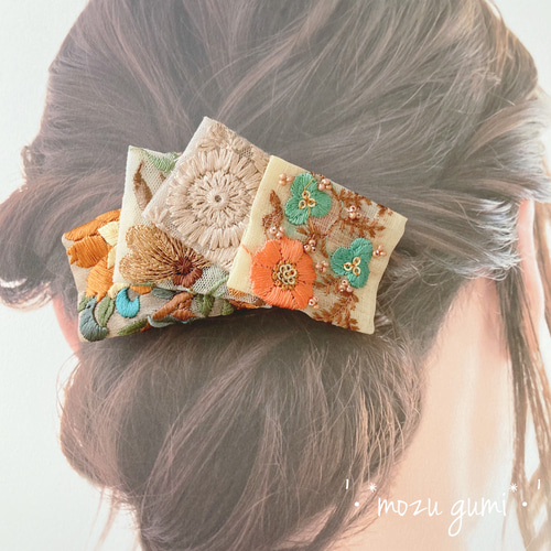 インド刺繍リボンのバレッタ（オレンジ×ブルーグリーン） バレッタ