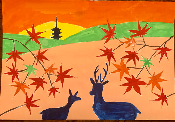 受注制作）ちぎり絵の下絵「紅葉と鹿」 その他雑貨 クリサンテーム
