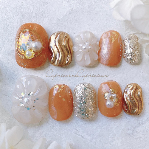 振袖ネイルチップ⧉ぷっくりフラワー⧉オレンジネイル【サイズオーダー  