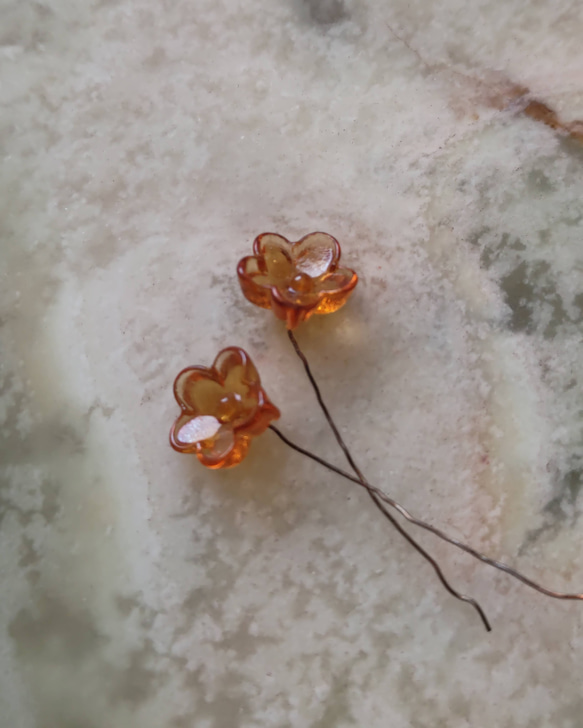 フランスアンティーク　ワイヤーガラスフラワー　オレンジ　1本 3枚目の画像
