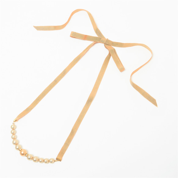 【ハンドメイドキット】リボンとパールのネックレス制作キット（ゴールド） 2枚目の画像