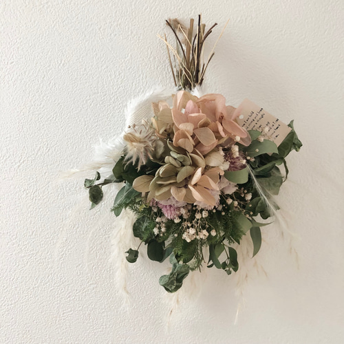 ドライフラワー 秋色紫陽花のミニブーケ スワッグ くすみピンク