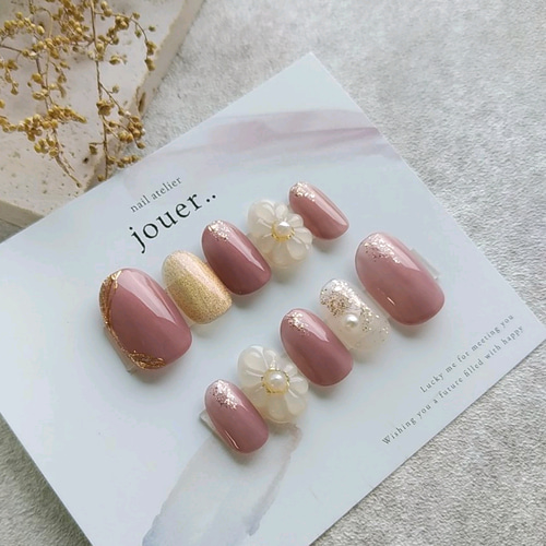 42】こっくり秋色♡ブラウンネイル ぷっくりフラワー ネイルチップ  