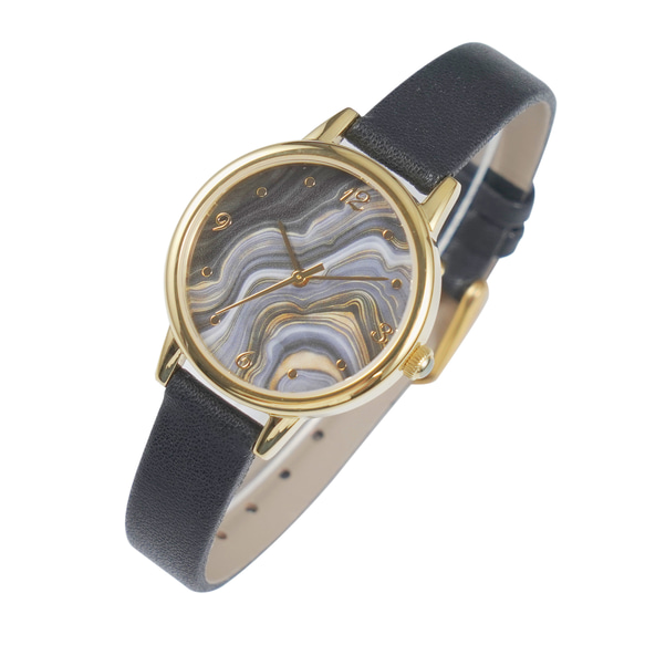 瑪瑙紋路手錶 金殼黑色錶帶 女裝手錶 全球免運 第2張的照片