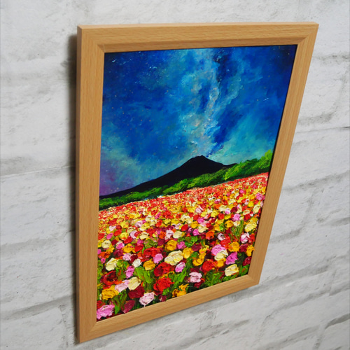 油絵 油彩 油彩画 絵 絵画 【星空のお花畑の富士山】 絵画 HR 通販