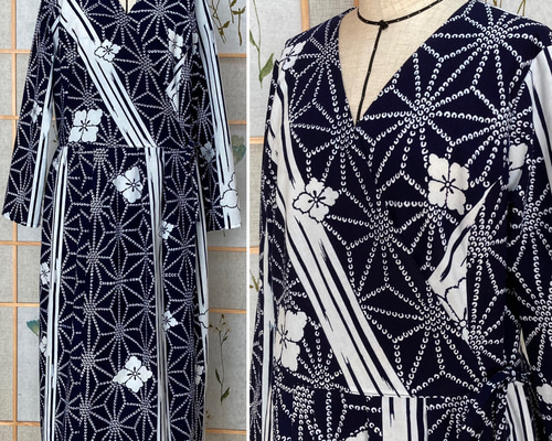 Nova様オーダーカシュクールワンピース浴衣リメイク ☆浴衣リメイク☆カシュクールワンピース(長袖/ネイビー/麻の葉
