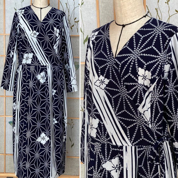 ☆浴衣リメイク☆カシュクールワンピース(長袖/ネイビー/麻の葉