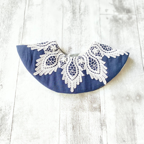 ハンドメイド まんまるレーススタイ④ 名入れ】まんまるスタイ・花レース ネイビー スタイ・よだれかけ