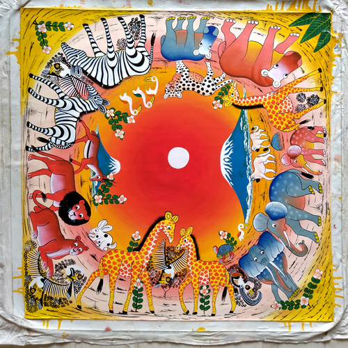 アフリカアート　バッファロー【画家 サイン入り】 アフリカアート バッファロー【画家 サイン入り】