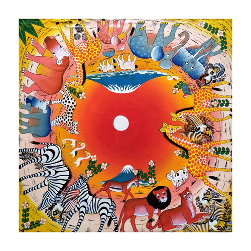 ●アフリカの絵画、ティンガティンガ、チーター、60×60cm アフリカ絵画『 Animal circle sunset yellow』ティンガ×2 by Kakepa