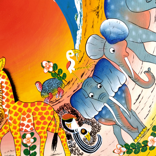 アフリカ絵画『 Animal circle sunset yellow』ティンガ×2 by