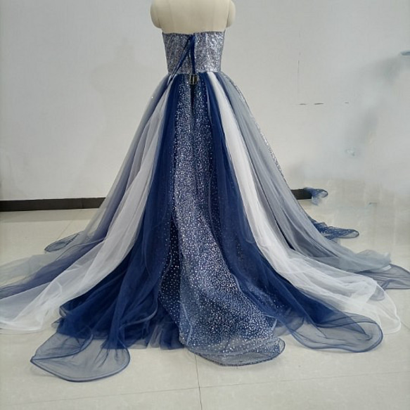 免運費！藍藍閃粉薄紗拼色連衣裙可愛繫帶連身裙 第3張的照片