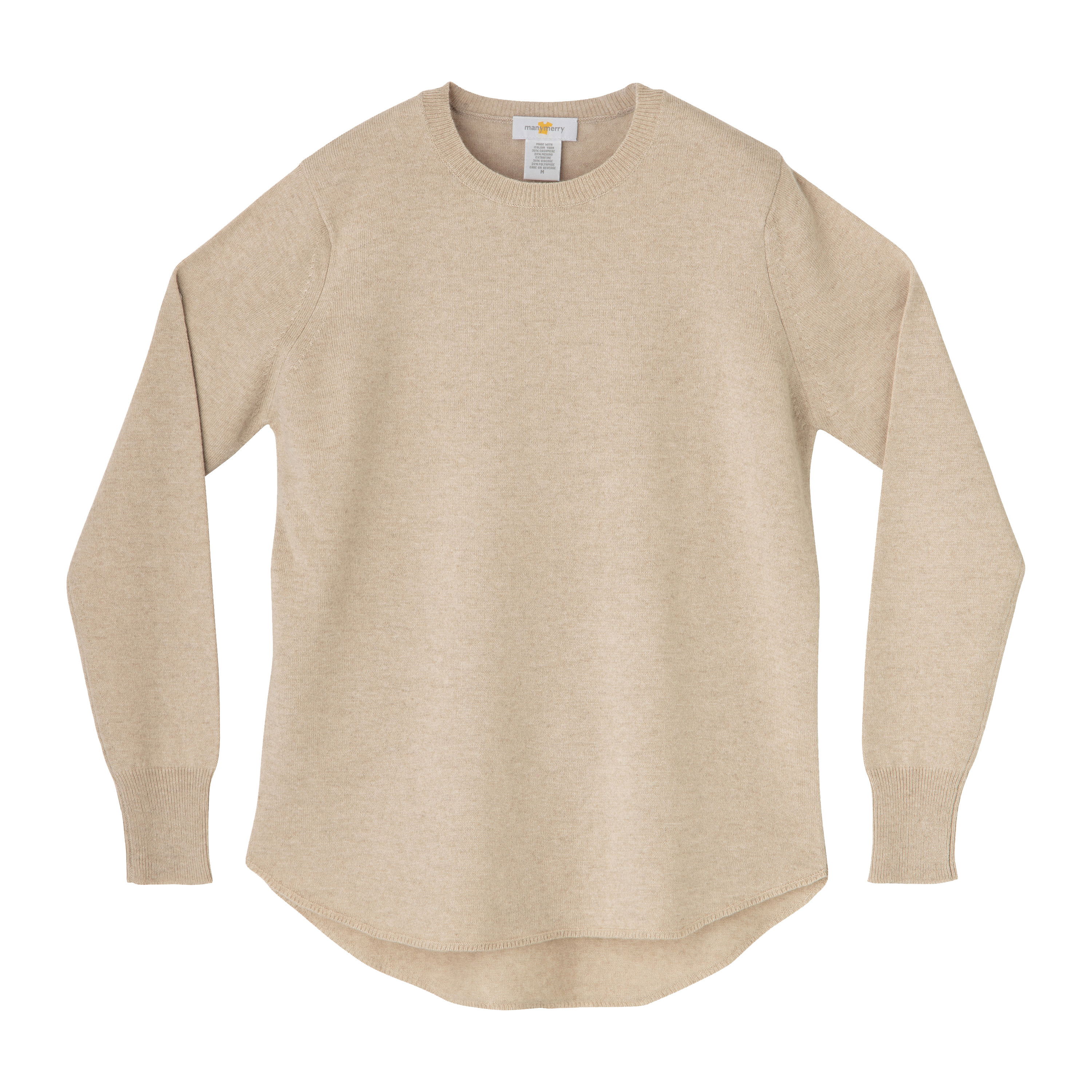 《送料無料》manymerry イタリア糸 カシミヤ混クルーネックカーブヘム BEIGE