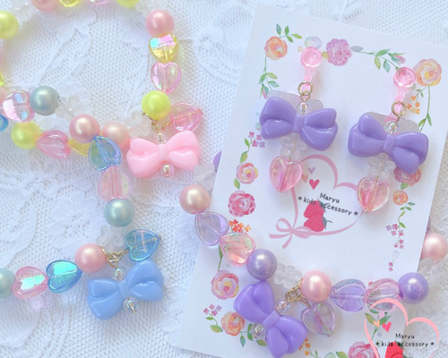 キッズアクセサリー★キッズリボンヘアゴム★ブレスレット★リング★イヤリング★4点 ふんわりカラーʕ•̫͡•ʔ♬✧キッズブレスレット・イヤリング(キッズ