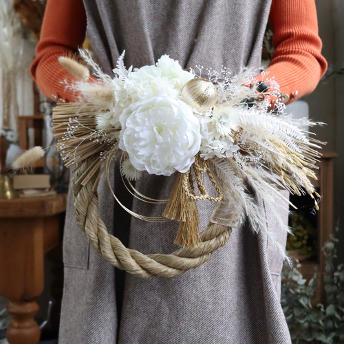 即日発送】ホワイト&ゴールドのしめ縄リース / しめ飾り お正月飾り