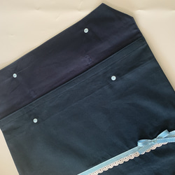 防災ずきんカバー背面タイプ　紺×水色リボンレース 2枚目の画像