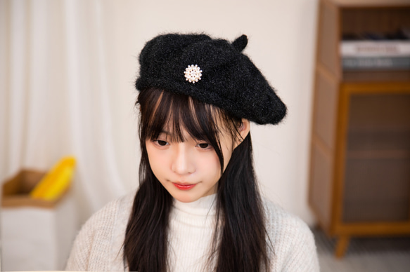 手編み【Lady's】♥形のふんわり暖かベレー帽　アイボリー 4枚目の画像