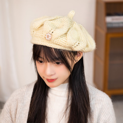 手編み【Lady's】♥形のふんわり暖かベレー帽　アイボリー 2枚目の画像