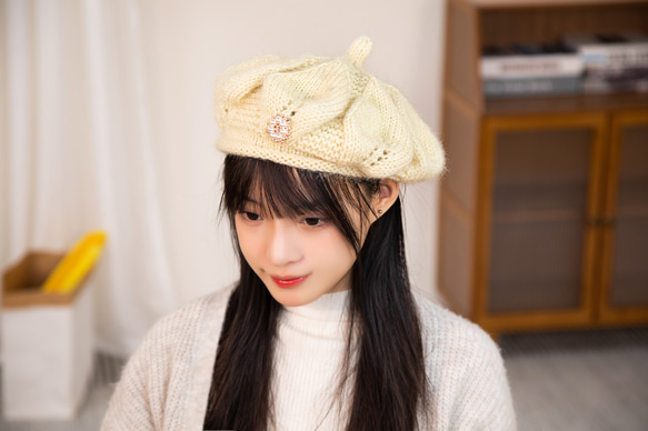 手編み【Lady's】♥形のふんわり暖かベレー帽　アイボリー 2枚目の画像