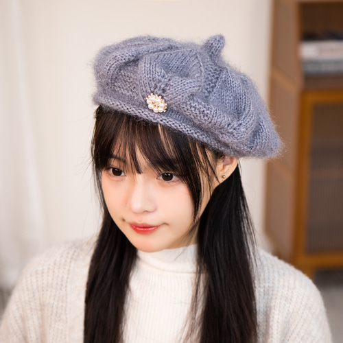 なっさん　ニット帽子　ビーニー　キャスケット　手編みベレー帽 手編み【Lady's】おしゃれな編み帽子 ブラック ニット帽