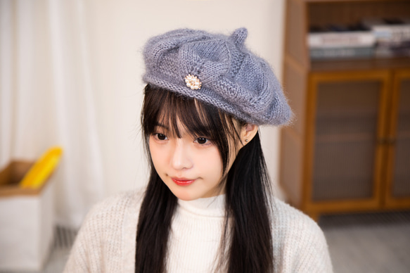 手編み【Lady's】♥形のふんわり暖かベレー帽　アイボリー 5枚目の画像