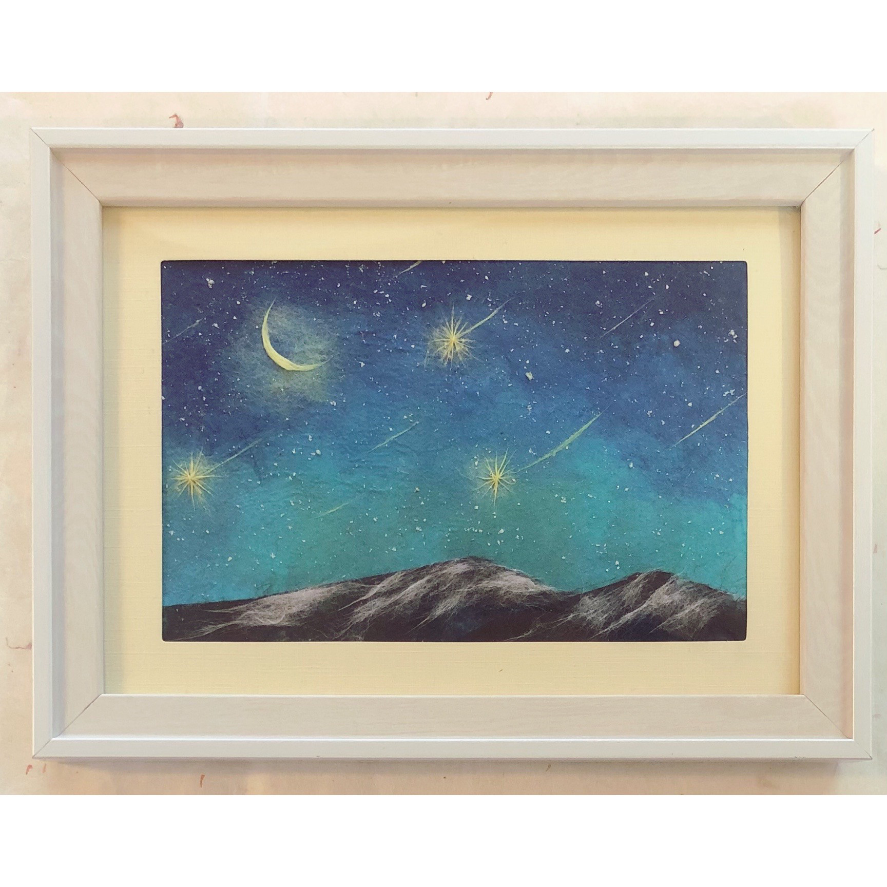 和紙ちぎり絵『三日月と流星』葉書サイズ原画 絵画 彩紘工房
