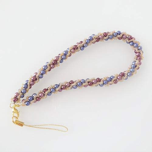 きらきらビーズクロッシェのスマホストラップ パープルミックス＜送料