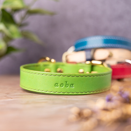 革首輪 24mm幅 首周り20cm～49cm 2枚革 手縫い ネーム刻印