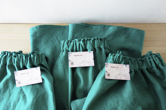 シルエットが綺麗【リネンのギャザーカート】中厚　グリーン　マキシ丈 14枚目の画像