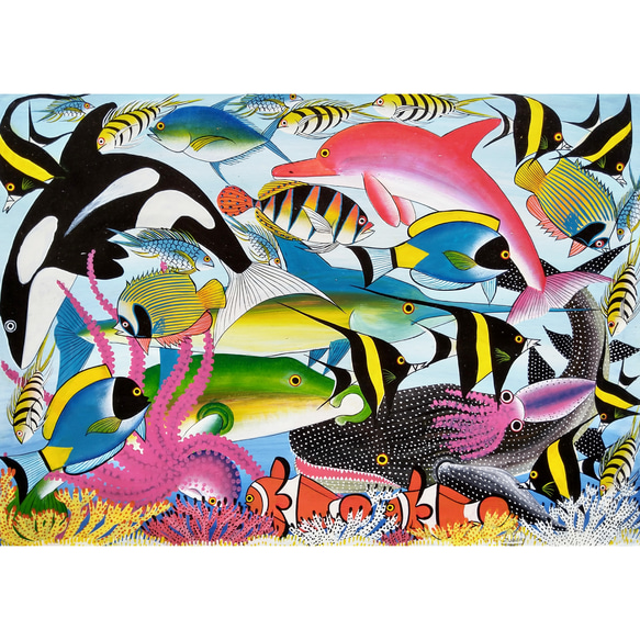 アフリカ絵画『 Sea world 2 』ティンガティンガ by Zuberi 50*70cm 1枚目の画像