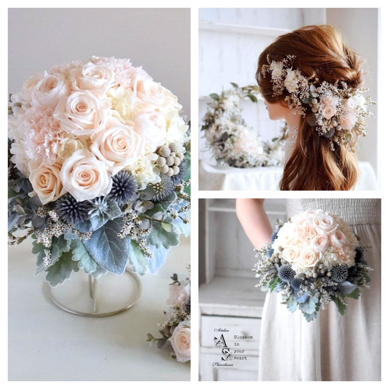 ⋆3点set⋆ くすみクリーム：野の花ラウンドブーケ⋆ブートニア⋆ヘッドドレス