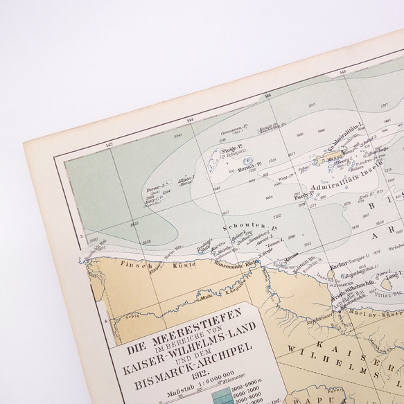 カイザー・ヴィルヘルムス・ラントとビスマルク諸島の海の深さ アンティークマップ 古地図 1957-108 4枚目の画像