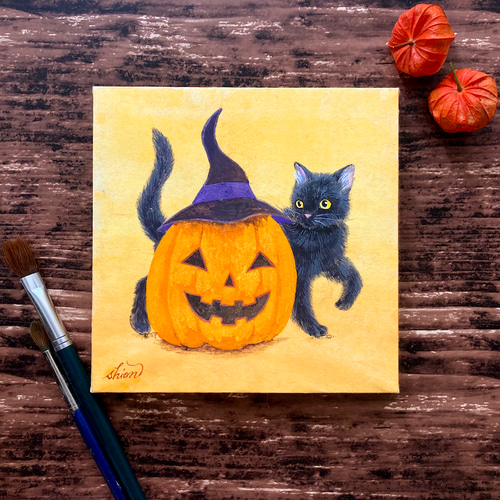 原画 黒猫とかぼちゃのランタン/ハロウィン ウォールアート パネル 