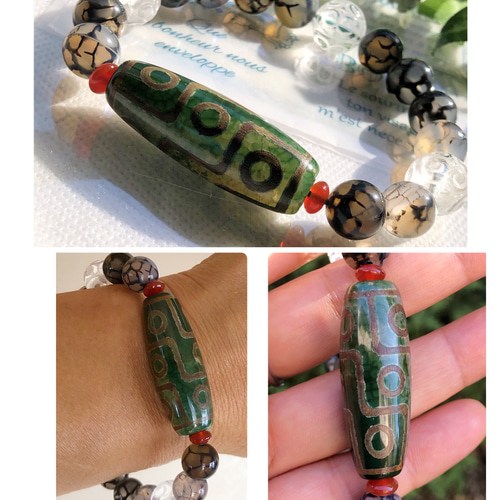 九眼天珠×水晶回紋珠×龍紋瑪瑙(ドラゴンアゲード)天然石