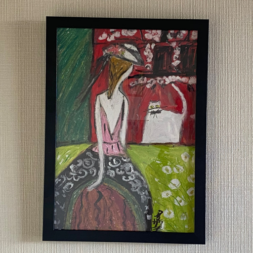 絵画 。原画☆【美しい花畑にきれいな花を植えたかわいいシャム猫】