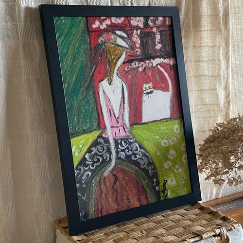 絵画 。壁掛け絵原画【ヨーロッパの荘園で白猫と一緒に散歩する