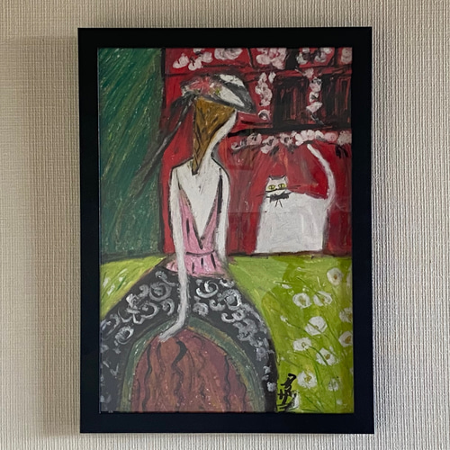 絵画 。壁掛け絵原画【ヨーロッパの荘園で白猫と一緒に散歩する美しい