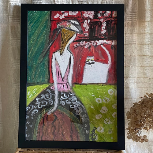 絵画 。壁掛け絵原画【ヨーロッパの荘園で白猫と一緒に散歩する美しい