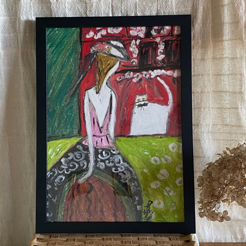 絵画 。壁掛け絵原画【ヨーロッパの荘園で白猫と一緒に散歩する