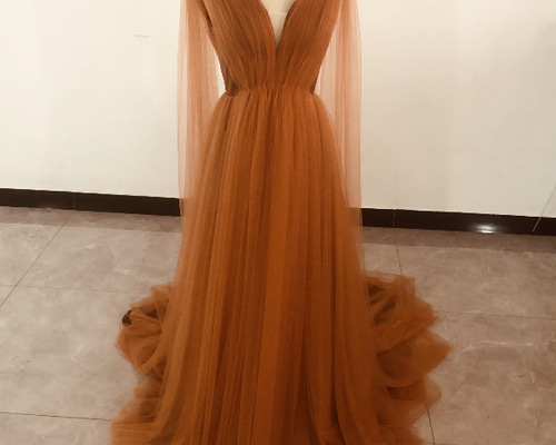 豪華！マント風カラードレス 前撮り テラコッタ色 Vネックドレス  