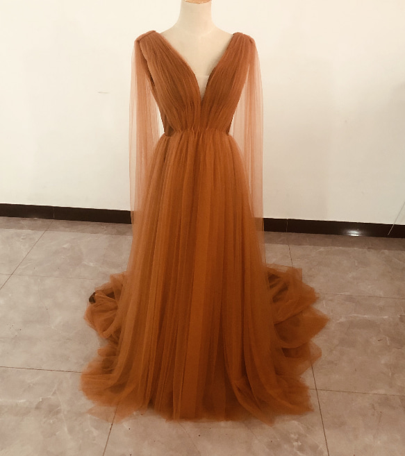 豪華！マント風カラードレス 前撮り テラコッタ色 Vネックドレス  